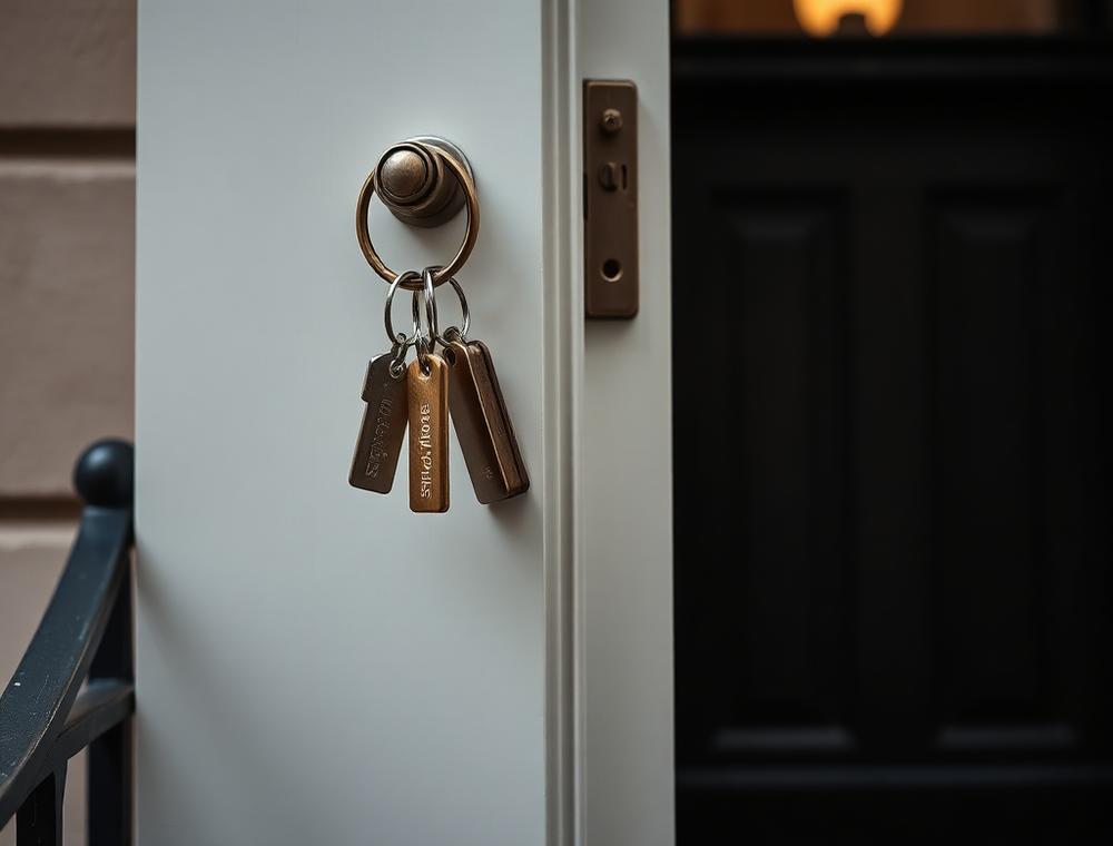 Keys in the door of a New York brownstone entrance