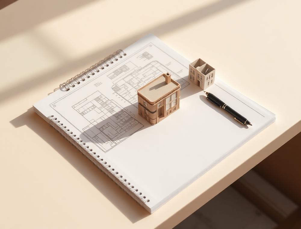 Architectural plans and a building model on a desk